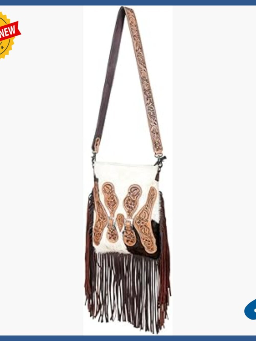 Large Crossbody Bag with Hand Tooled Floral Leather and Fringes